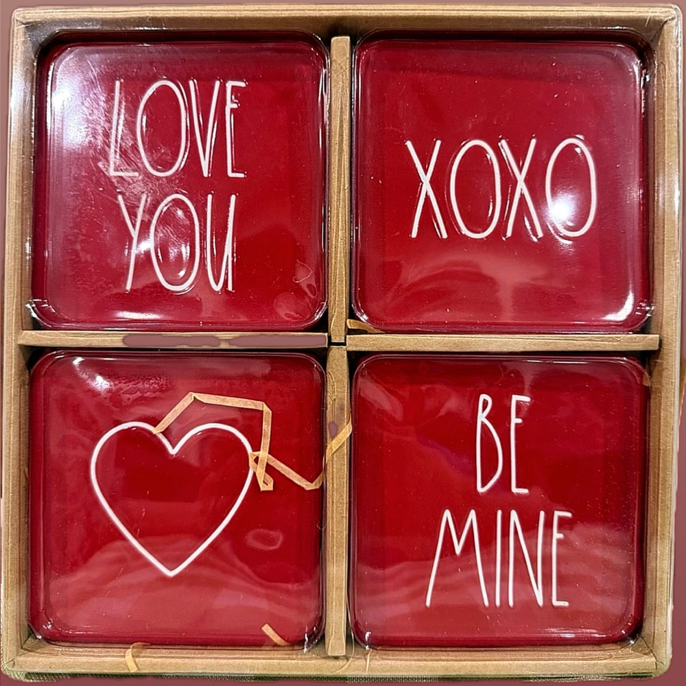 NEW Rae Dunn Ceramic 4PC Red Valentine’s Seasonal Coaster Set Love You Be Mine